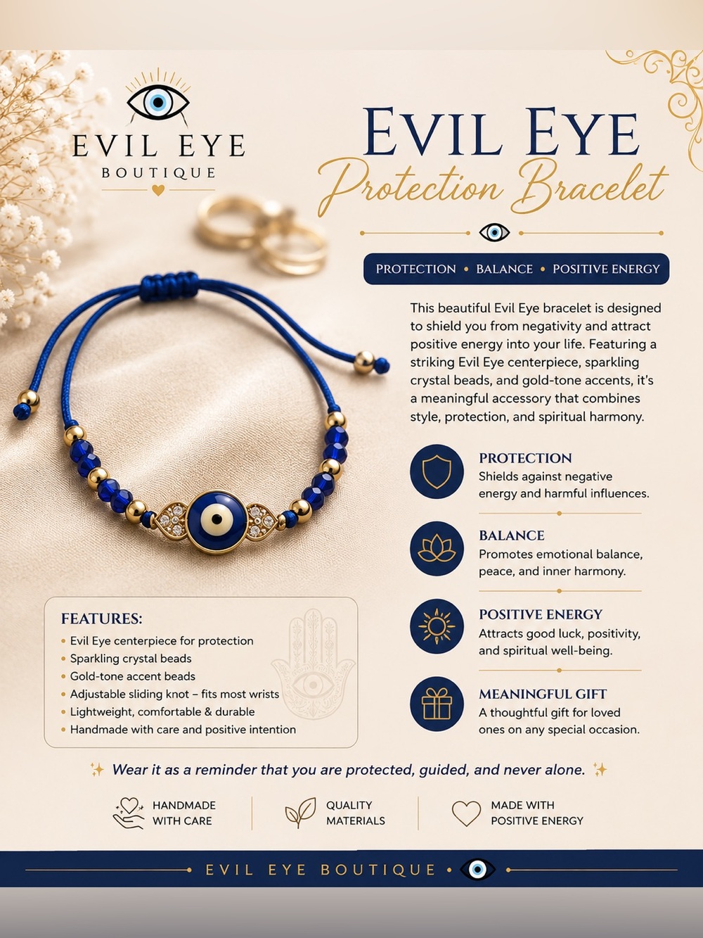 Evil Eye Protection Bracelet in Blue with Gold Accents -